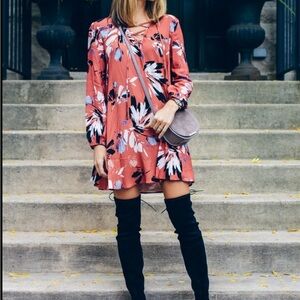 Yumi Kim Floral Long Sleeve Dress in Coral and Black